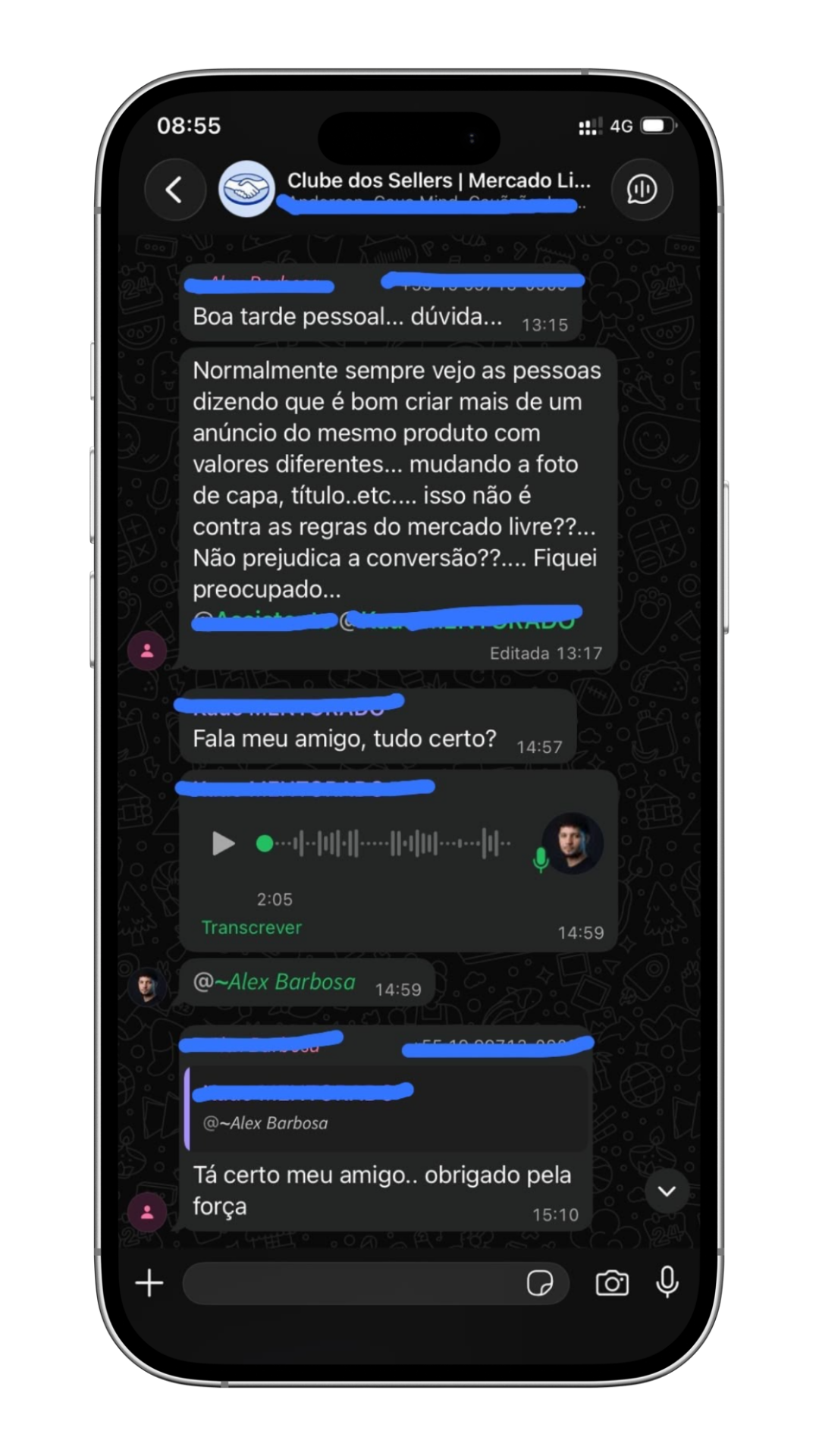 Print em celular de discussões práticas entre membros da comunidade