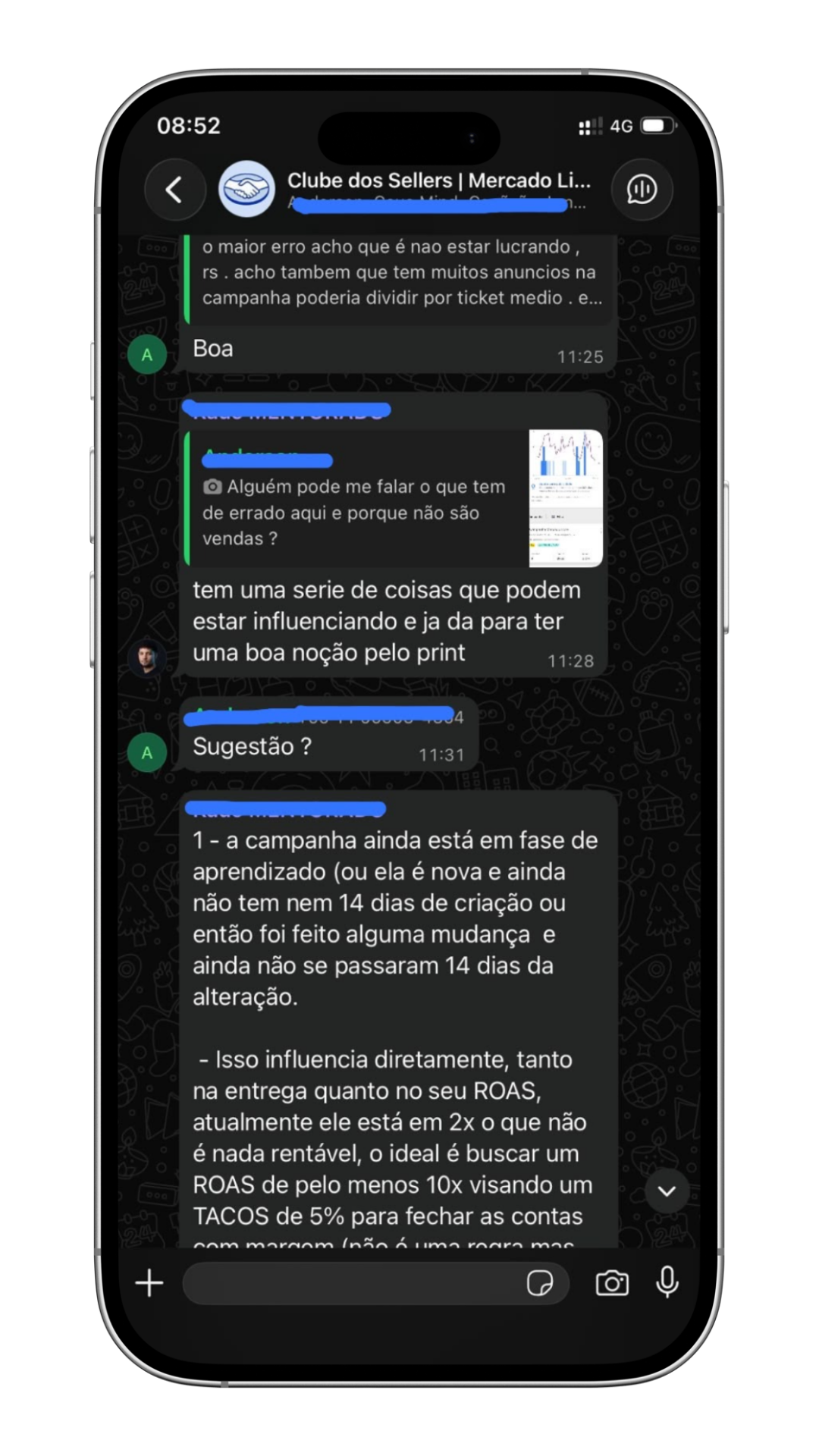 Print em celular mostrando ajuda a membros da comunidade