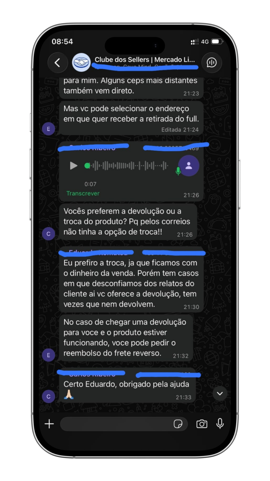 Print em celular de conversa entre membros da comunidade se ajudando